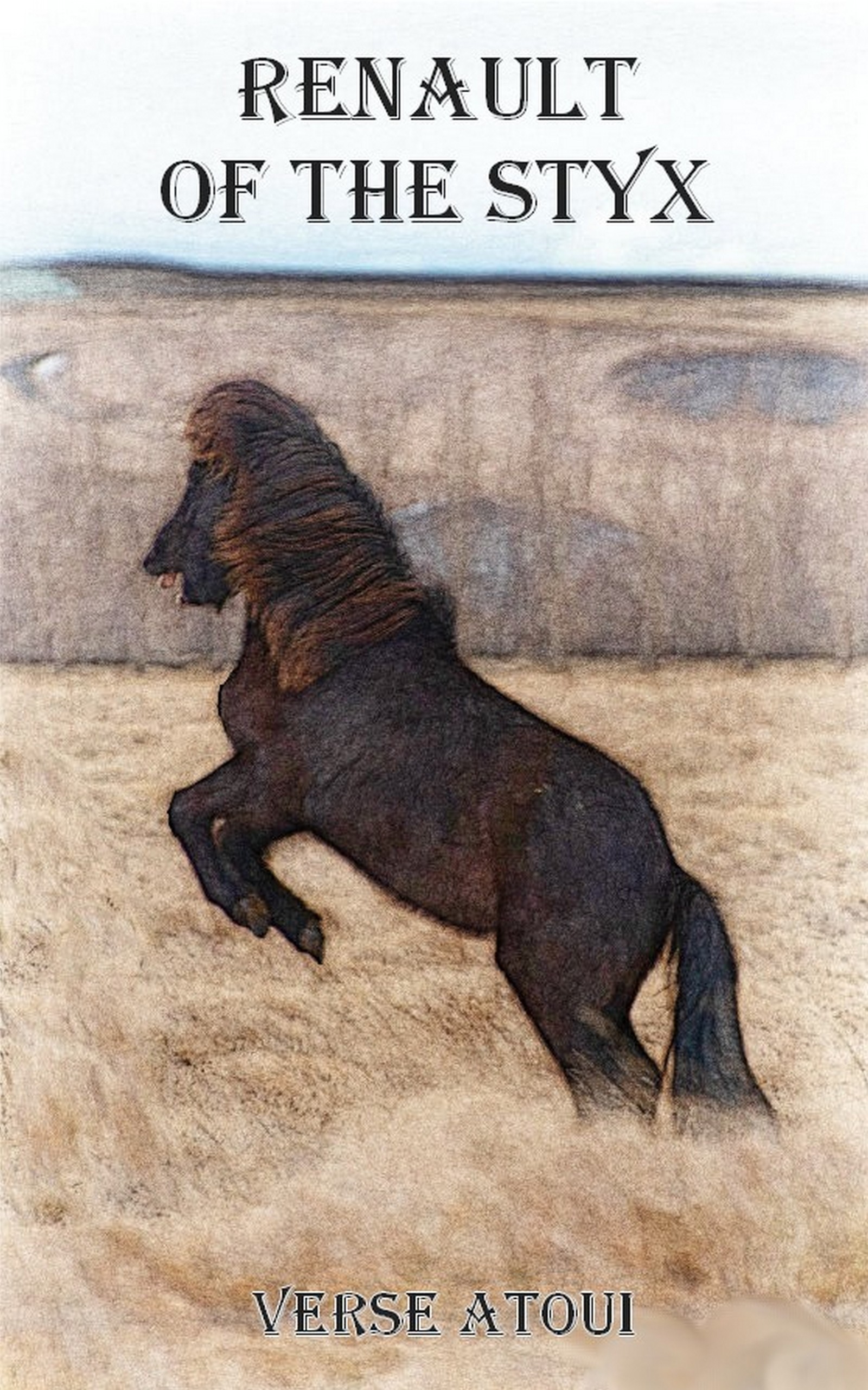 A horse bucking by a field.